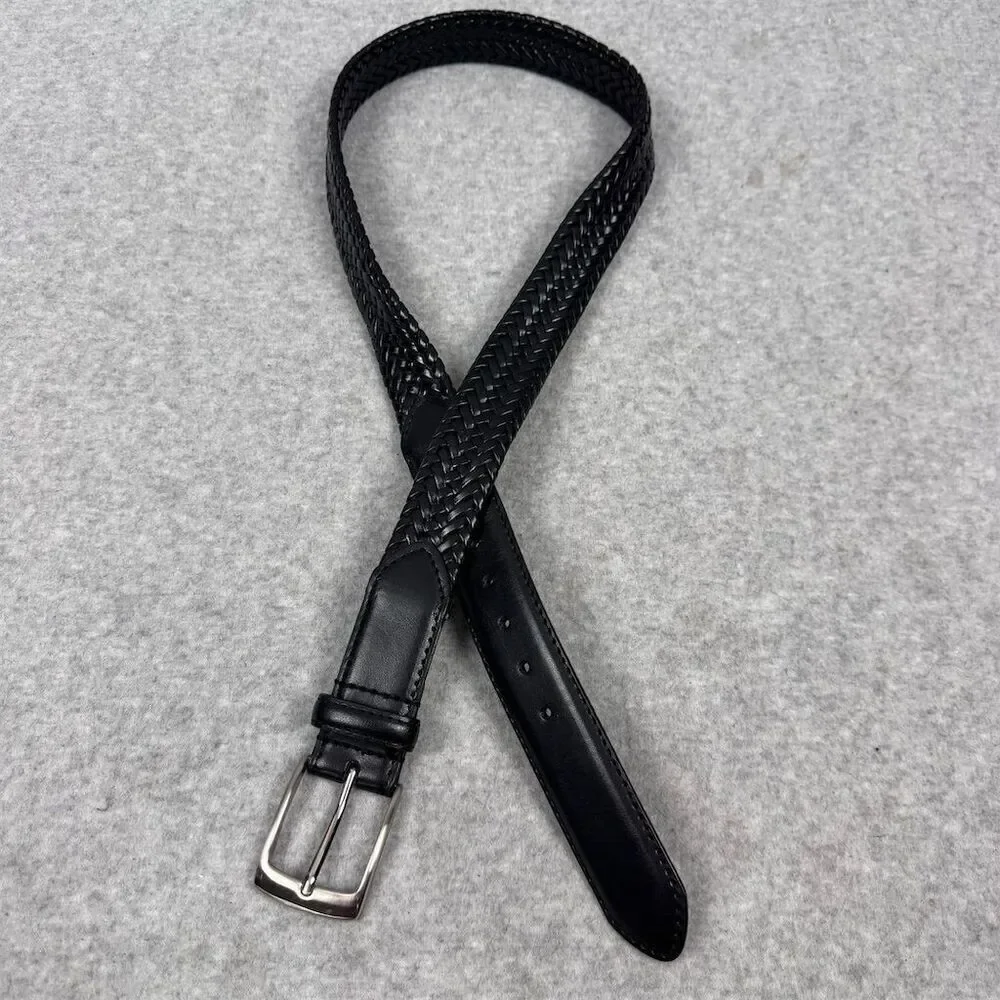 Men's Black Braided Leather Belt with Silver Buckle Size 40